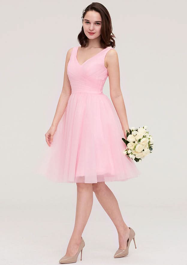 Knee-Length Tulle Bridesmaid Dress, A-Line/Princess Cut, V-Neck, Sleeveless, With Pleats BM bride