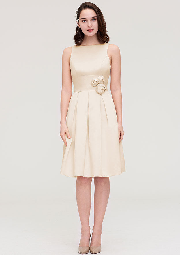 Knee-Length Satin Bridesmaid Dress, A-Line/Princess Style, Bateau Neck, Sleeveless, With Pleats And Flowers BM bride