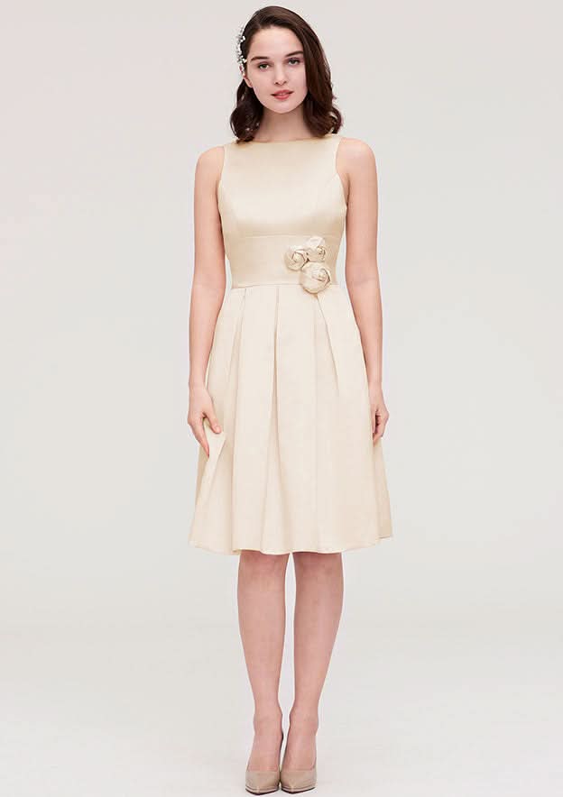 Knee-Length Satin Bridesmaid Dress, A-Line/Princess Style, Bateau Neck, Sleeveless, With Pleats And Flowers BM bride