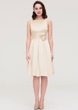 Knee-Length Satin Bridesmaid Dress, A-Line/Princess Style, Bateau Neck, Sleeveless, With Pleats And Flowers BM bride