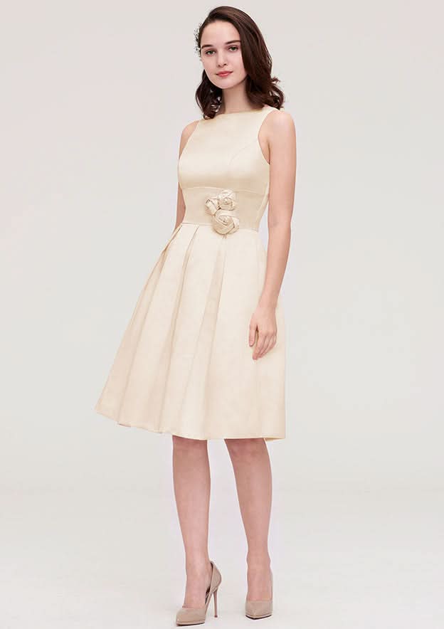 Knee-Length Satin Bridesmaid Dress, A-Line/Princess Style, Bateau Neck, Sleeveless, With Pleats And Flowers BM bride