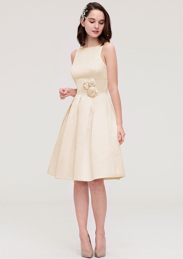Knee-Length Satin Bridesmaid Dress, A-Line/Princess Style, Bateau Neck, Sleeveless, With Pleats And Flowers BM bride