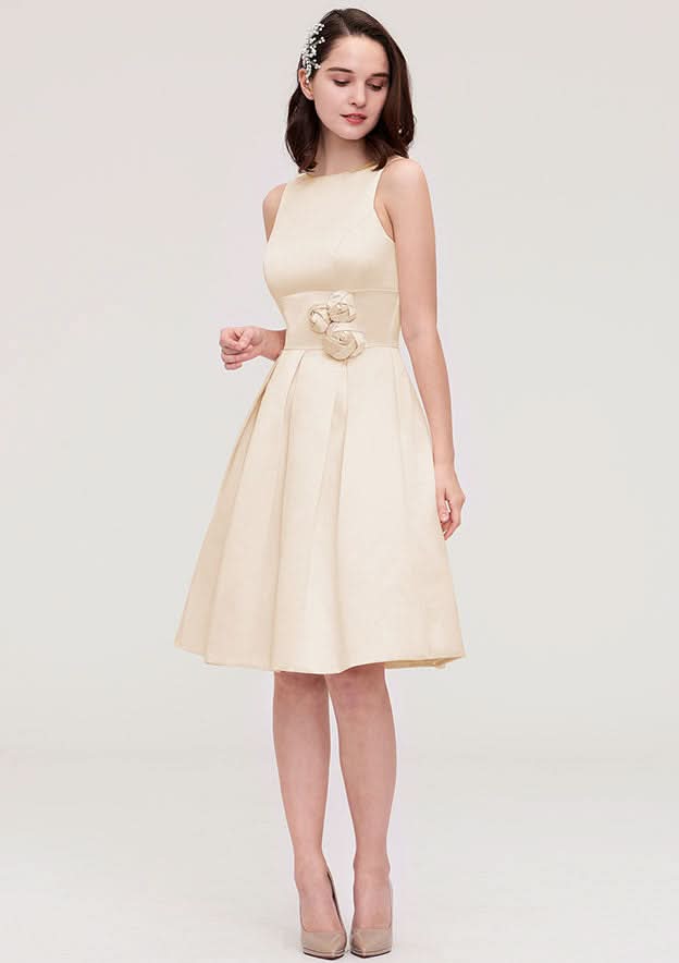 Knee-Length Satin Bridesmaid Dress, A-Line/Princess Style, Bateau Neck, Sleeveless, With Pleats And Flowers BM bride