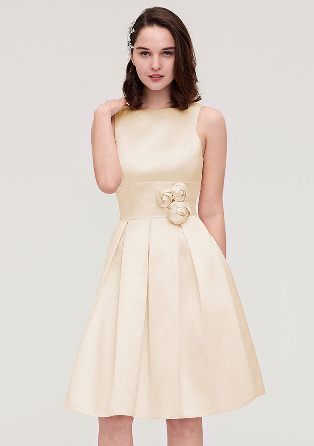 Knee-Length Satin Bridesmaid Dress, A-Line/Princess Style, Bateau Neck, Sleeveless, With Pleats And Flowers BM bride
