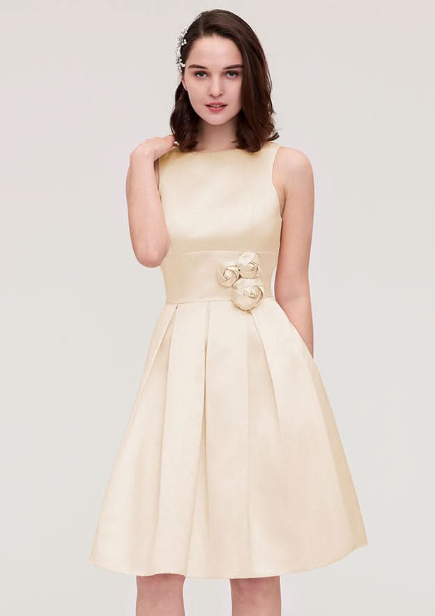 Knee-Length Satin Bridesmaid Dress, A-Line/Princess Style, Bateau Neck, Sleeveless, With Pleats And Flowers BM bride