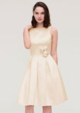 Knee-Length Satin Bridesmaid Dress, A-Line/Princess Style, Bateau Neck, Sleeveless, With Pleats And Flowers BM bride