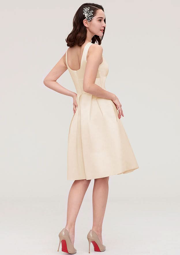 Knee-Length Satin Bridesmaid Dress, A-Line/Princess Style, Bateau Neck, Sleeveless, With Pleats And Flowers BM bride