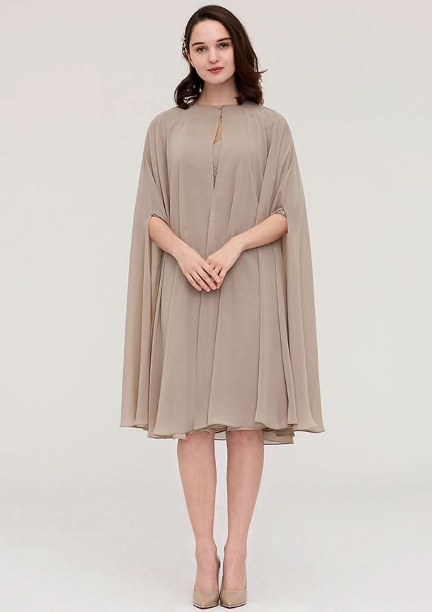 Knee-Length Chiffon Mother of the Bride Dress with Jacket Appliqued Pleated, Half Sleeve Bateau Sheath/Column BM bride