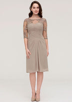Knee-Length Chiffon Mother of the Bride Dress with Jacket Appliqued Pleated, Half Sleeve Bateau Sheath/Column BM bride