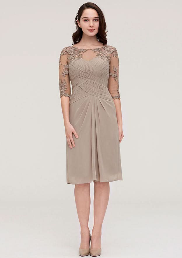 Knee-Length Chiffon Mother of the Bride Dress with Jacket Appliqued Pleated, Half Sleeve Bateau Sheath/Column BM bride