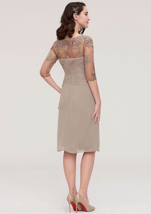 Knee-Length Chiffon Mother of the Bride Dress with Jacket Appliqued Pleated, Half Sleeve Bateau Sheath/Column BM bride