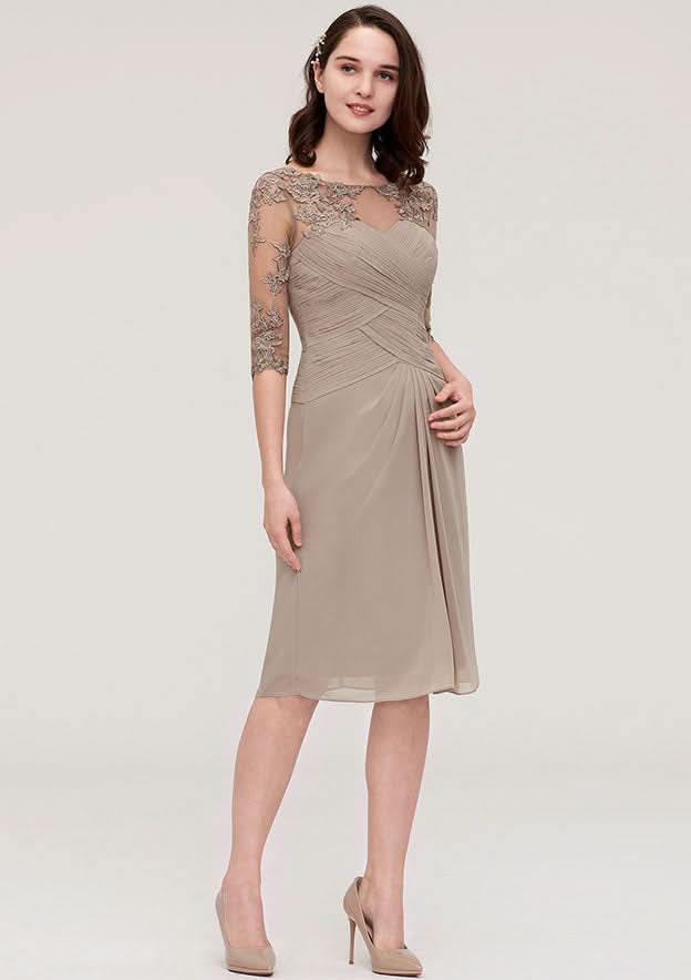 Knee-Length Chiffon Mother of the Bride Dress with Jacket Appliqued Pleated, Half Sleeve Bateau Sheath/Column BM bride