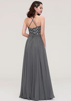 Floor-Length Chiffon Bridesmaid Dress, A-Line/Princess Cut, Halter Neck, Sleeveless, With Appliqued BM bride