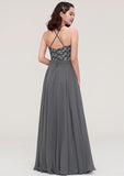 Floor-Length Chiffon Bridesmaid Dress, A-Line/Princess Cut, Halter Neck, Sleeveless, With Appliqued BM bride