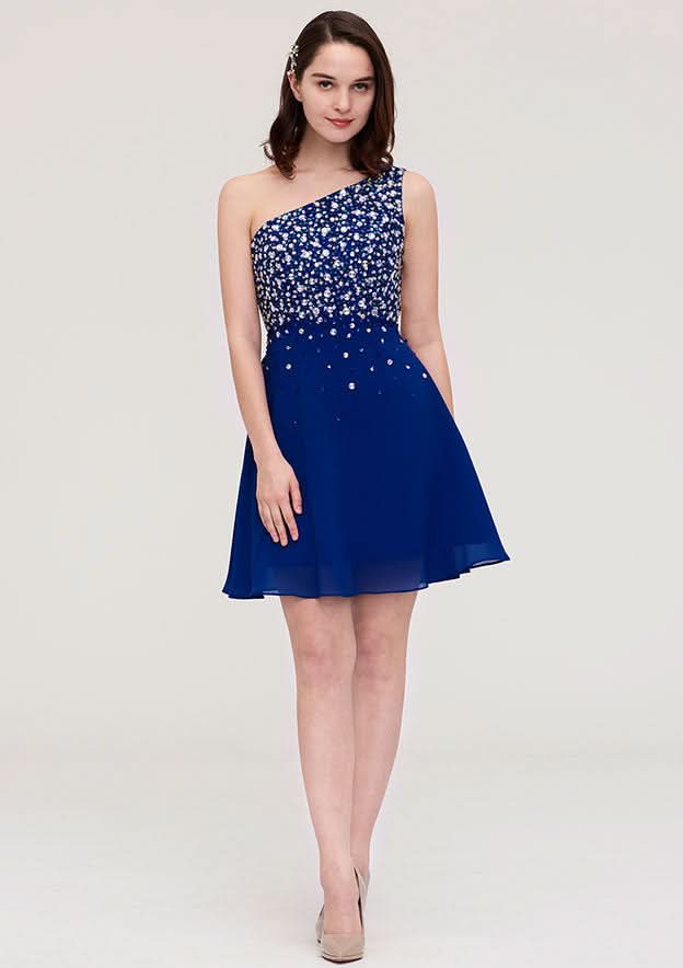Elegant A-Line One-Shoulder Sleeveless Mini Chiffon Homecoming Dress With Crystal BM bride