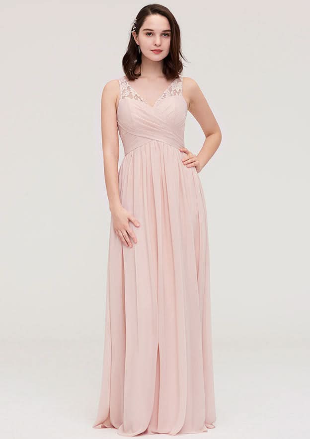 Floor-Length Chiffon Bridesmaid Dress, A-Line/Princess Shape, V-Neck, Sleeveless, With Pleats And Applique BM bride