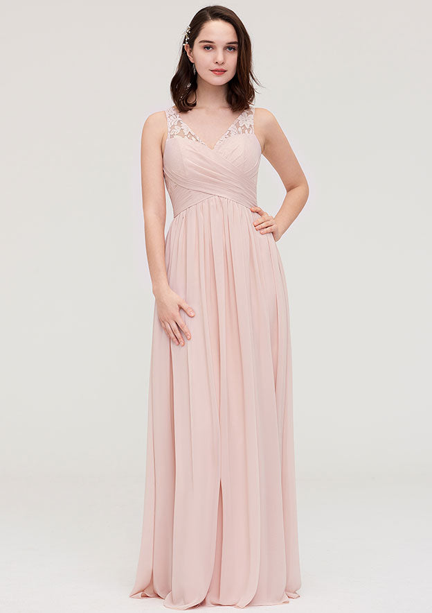 Floor-Length Chiffon Bridesmaid Dress, A-Line/Princess Shape, V-Neck, Sleeveless, With Pleats And Applique BM bride