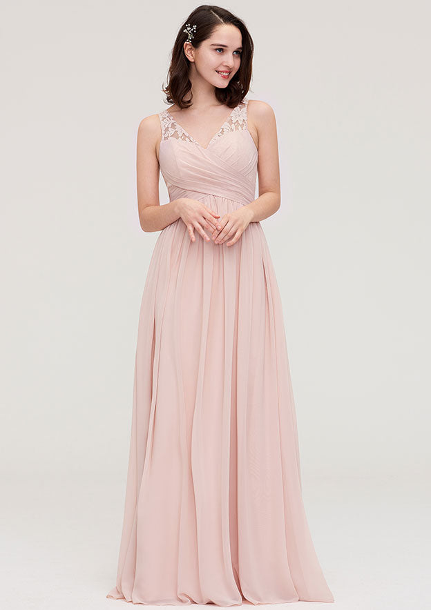 Floor-Length Chiffon Bridesmaid Dress, A-Line/Princess Shape, V-Neck, Sleeveless, With Pleats And Applique BM bride