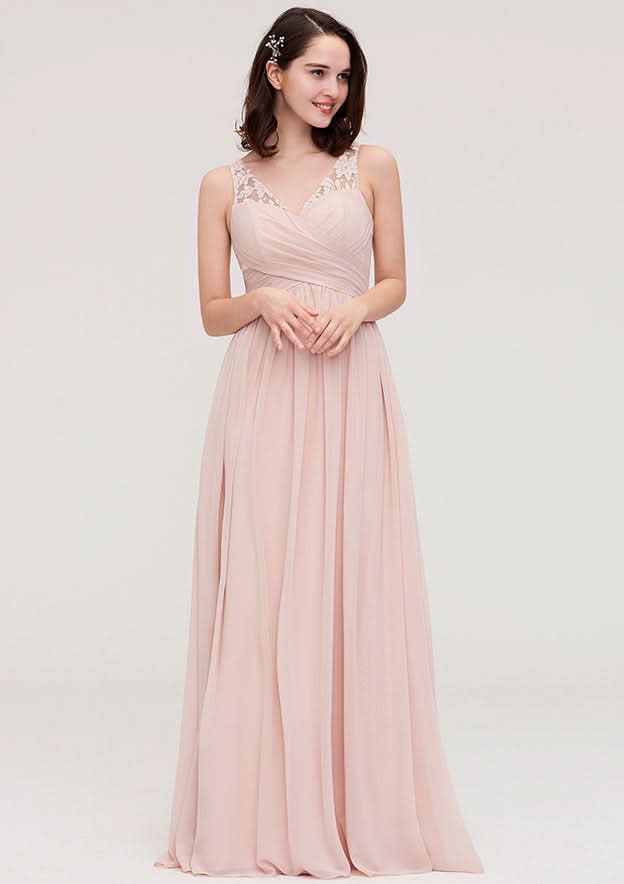 Floor-Length Chiffon Bridesmaid Dress, A-Line/Princess Shape, V-Neck, Sleeveless, With Pleats And Applique BM bride