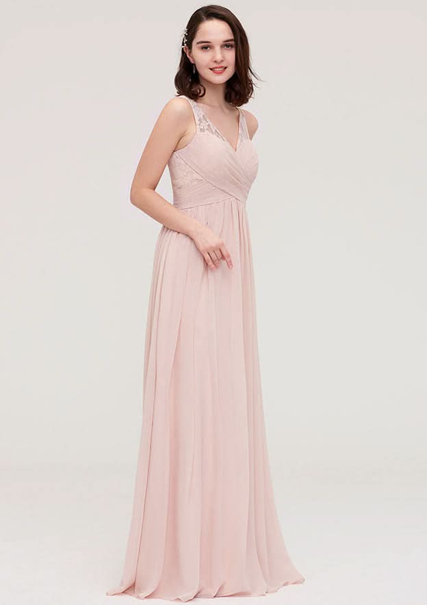 Floor-Length Chiffon Bridesmaid Dress, A-Line/Princess Shape, V-Neck, Sleeveless, With Pleats And Applique BM bride