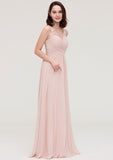 Floor-Length Chiffon Bridesmaid Dress, A-Line/Princess Shape, V-Neck, Sleeveless, With Pleats And Applique BM bride