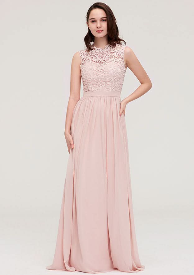 Floor-Length Chiffon Bridesmaid Dress, A-Line/Princess Shape, Scalloped Neck, Sleeveless, With Lace BM bride