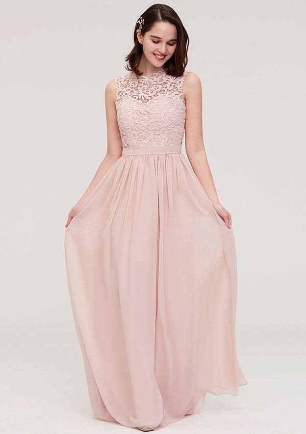 Floor-Length Chiffon Bridesmaid Dress, A-Line/Princess Shape, Scalloped Neck, Sleeveless, With Lace BM bride
