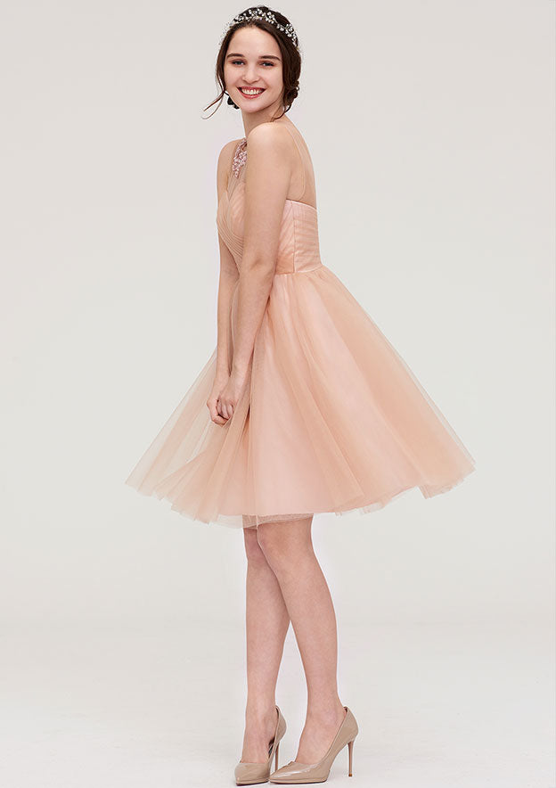 Knee-Length Tulle Bridesmaid Dress, A-Line/Princess Shape, Bateau Neck, Sleeveless, With Pleats And Beading BM bride