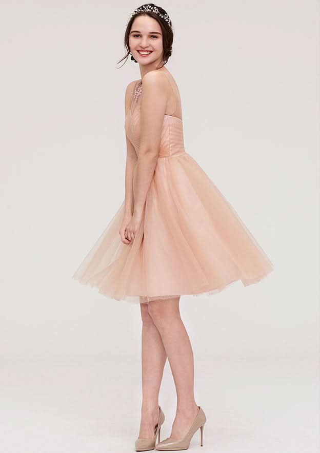 Knee-Length Tulle Bridesmaid Dress, A-Line/Princess Shape, Bateau Neck, Sleeveless, With Pleats And Beading BM bride