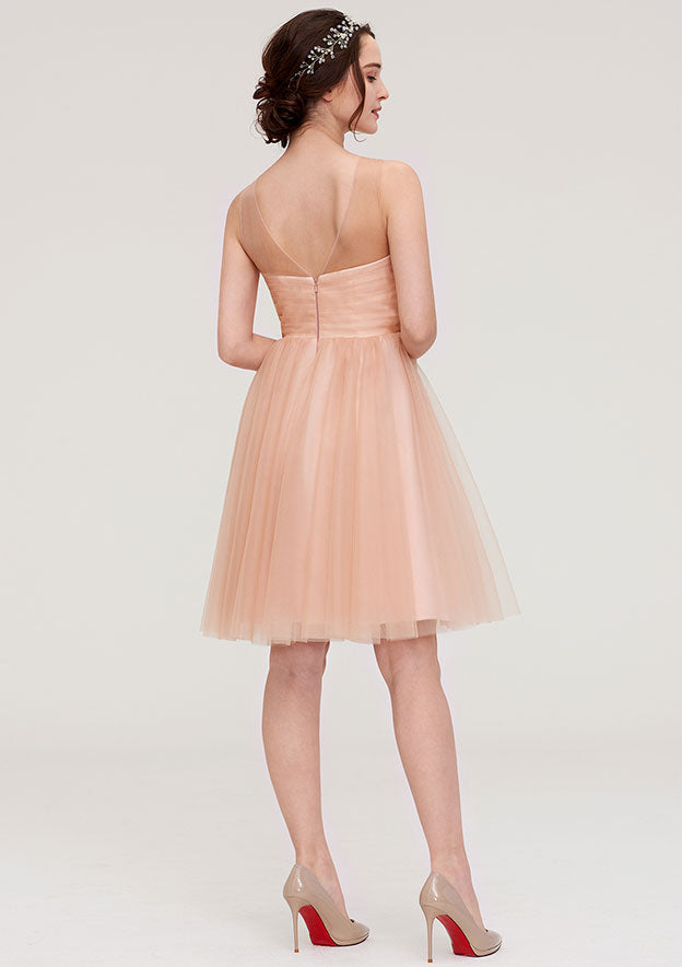 Knee-Length Tulle Bridesmaid Dress, A-Line/Princess Shape, Bateau Neck, Sleeveless, With Pleats And Beading BM bride