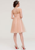 Knee-Length Tulle Bridesmaid Dress, A-Line/Princess Shape, Bateau Neck, Sleeveless, With Pleats And Beading BM bride
