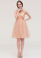 Knee-Length Tulle Bridesmaid Dress, A-Line/Princess Shape, Bateau Neck, Sleeveless, With Pleats And Beading BM bride