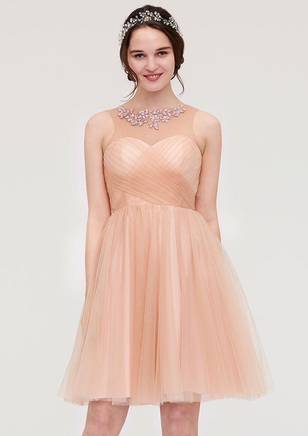 Knee-Length Tulle Bridesmaid Dress, A-Line/Princess Shape, Bateau Neck, Sleeveless, With Pleats And Beading BM bride