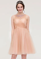 Knee-Length Tulle Bridesmaid Dress, A-Line/Princess Shape, Bateau Neck, Sleeveless, With Pleats And Beading BM bride