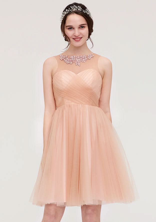 Knee-Length Tulle Bridesmaid Dress, A-Line/Princess Shape, Bateau Neck, Sleeveless, With Pleats And Beading BM bride