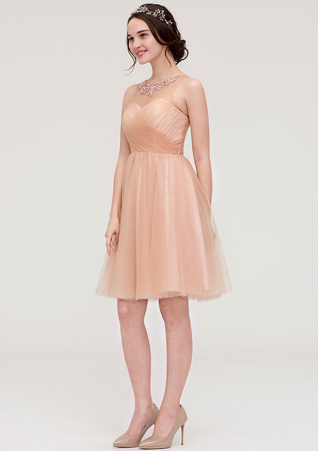 Knee-Length Tulle Bridesmaid Dress, A-Line/Princess Shape, Bateau Neck, Sleeveless, With Pleats And Beading BM bride