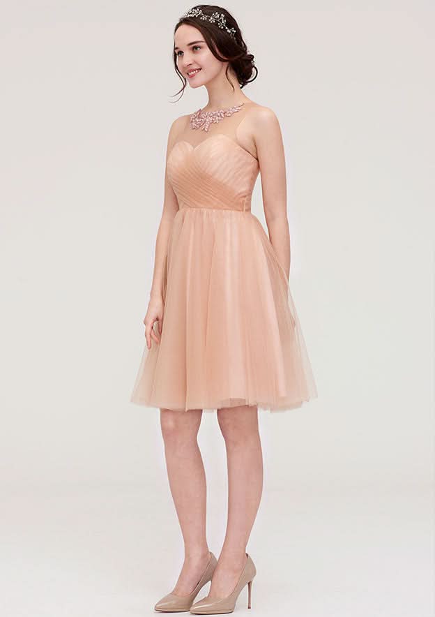 Knee-Length Tulle Bridesmaid Dress, A-Line/Princess Shape, Bateau Neck, Sleeveless, With Pleats And Beading BM bride
