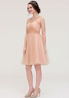 Knee-Length Tulle Bridesmaid Dress, A-Line/Princess Shape, Bateau Neck, Sleeveless, With Pleats And Beading BM bride