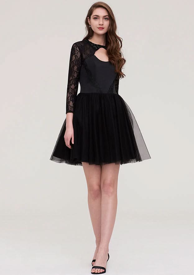 Graceful Tulle Homecoming Dress A-Line Scoop Neck Long Sleeve Mini With Lace BM bride