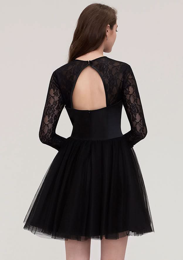 Graceful Tulle Homecoming Dress A-Line Scoop Neck Long Sleeve Mini With Lace BM bride
