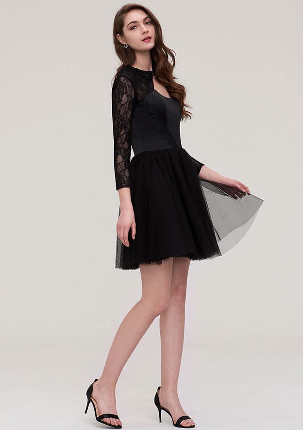 Graceful Tulle Homecoming Dress A-Line Scoop Neck Long Sleeve Mini With Lace BM bride