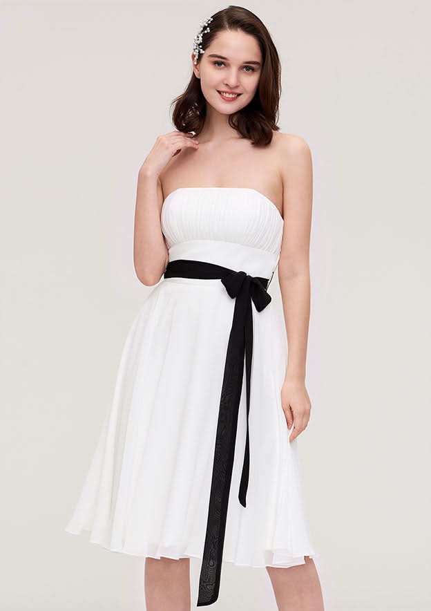 Knee-Length Chiffon Bridesmaid Dress, A-Line/Princess Style, Strapless, Sleeveless, With Pleats And Sashes BM bride