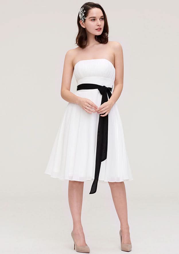 Knee-Length Chiffon Bridesmaid Dress, A-Line/Princess Style, Strapless, Sleeveless, With Pleats And Sashes BM bride