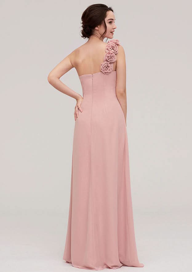 A-Line/Princess One-Shoulder Floor-Length Sleeveless Chiffon Bridesmaid Dress With Pleated Flowers BM bride