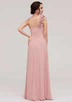 A-Line/Princess One-Shoulder Floor-Length Sleeveless Chiffon Bridesmaid Dress With Pleated Flowers BM bride