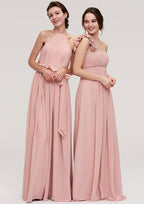A-Line/Princess One-Shoulder Floor-Length Sleeveless Chiffon Bridesmaid Dress With Pleated Flowers BM bride