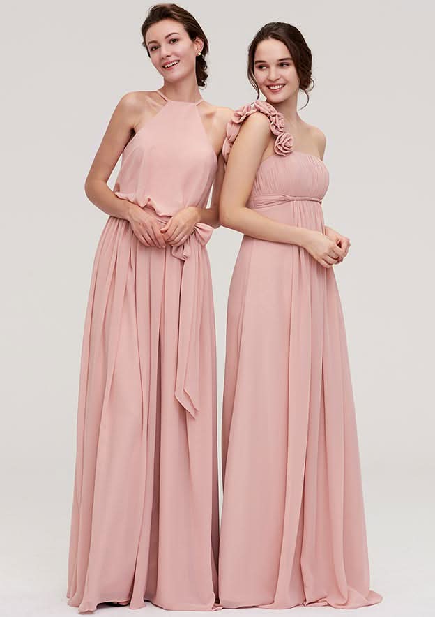 A-Line/Princess One-Shoulder Floor-Length Sleeveless Chiffon Bridesmaid Dress With Pleated Flowers BM bride