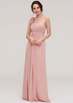 A-Line/Princess One-Shoulder Floor-Length Sleeveless Chiffon Bridesmaid Dress With Pleated Flowers BM bride