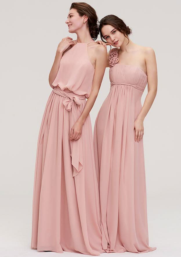 A-Line/Princess One-Shoulder Floor-Length Sleeveless Chiffon Bridesmaid Dress With Pleated Flowers BM bride