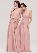A-Line/Princess One-Shoulder Floor-Length Sleeveless Chiffon Bridesmaid Dress With Pleated Flowers BM bride